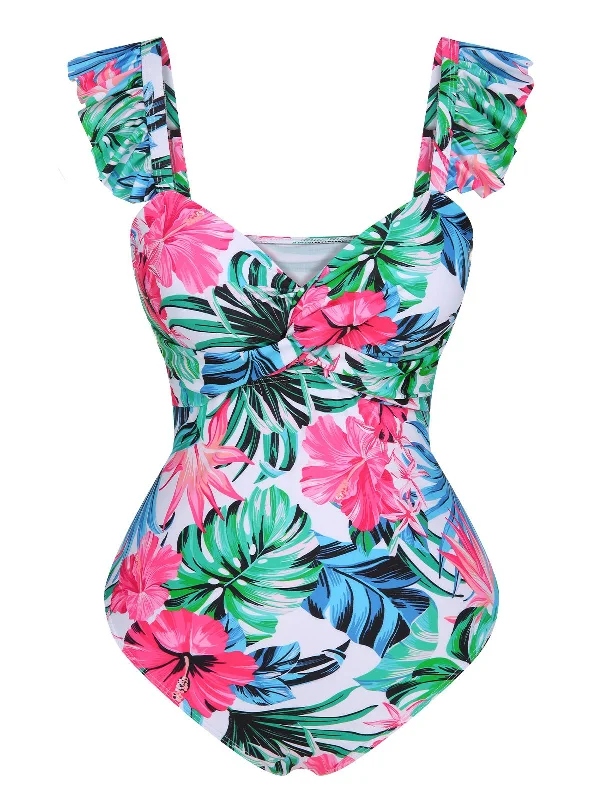 Multicolor 1960s Tropical Plants Ruffles Swimsuit Comfortable Swim Dress