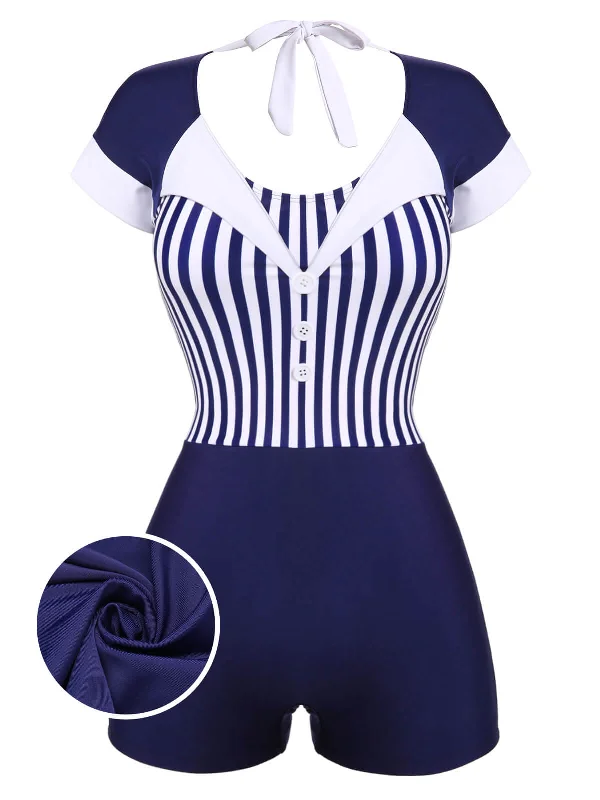 Navy Blue 1930s Stripe Patchwork Swimsuit Tropical Print One-Piece