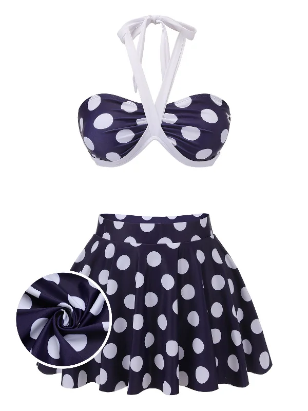 Navy Blue 1940s Polka Dot Halter Swimsuit Reversible Bikini Set