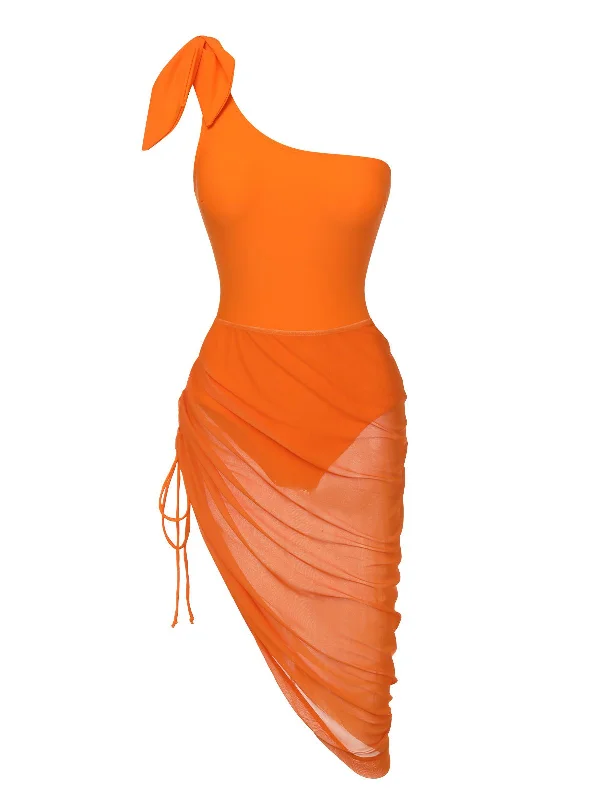 Orange 1940s Solid Swimsuit & High Low Cover-Up Deep-V Swimsuit Design