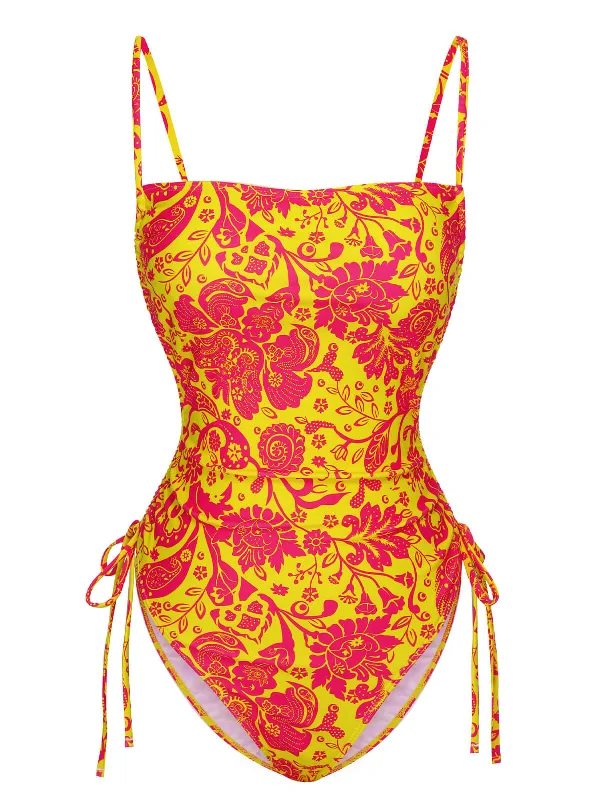 Orange 1950s Russian Floral Drawstring Strap Swimsuit Strap Bikini Set