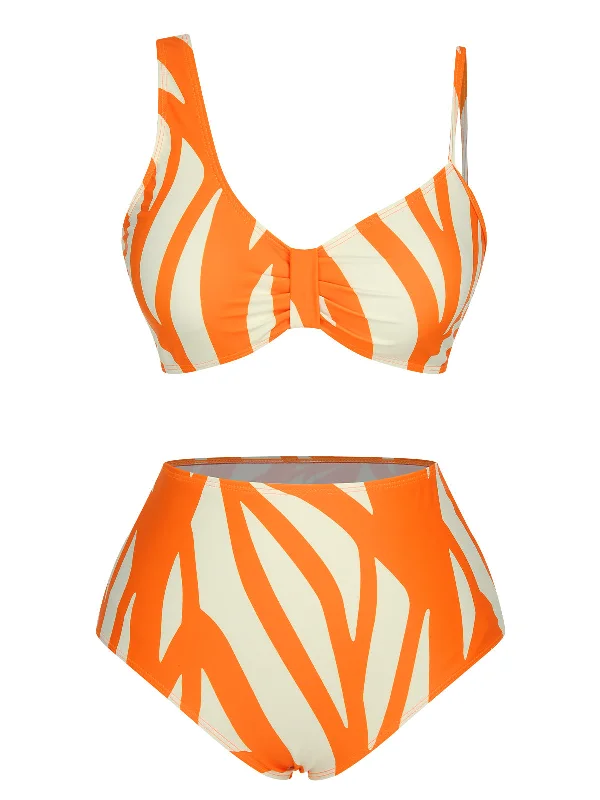 Orange 1960s Strap Stripe Swimsuit Chic Bikini Set