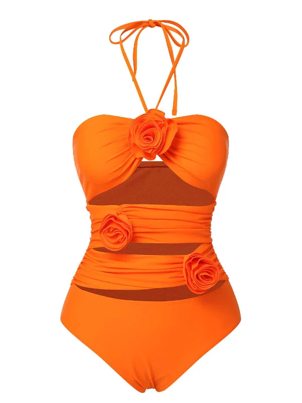 Orange Red 1950s Halter 3D Flower One-Piece Swimsuit Soft Beachwear Set