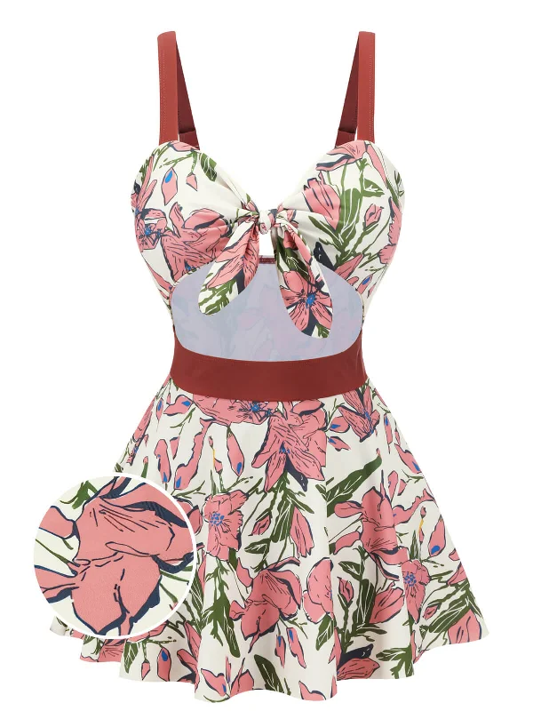 Pink 1940s Floral Strap One-Piece Swimsuit Chic Swimsuit Cover-Up