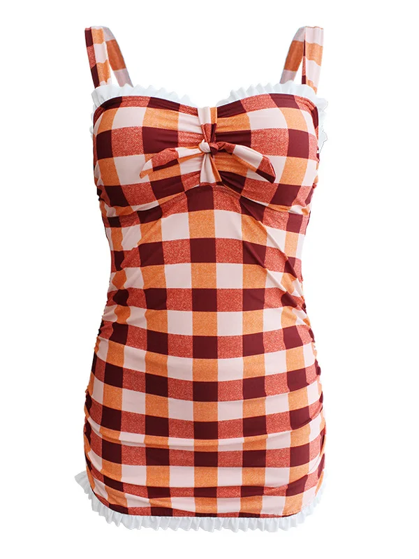 1950s Plaid Bow Strap Ruffled Tankini Summer Ready Swimsuit