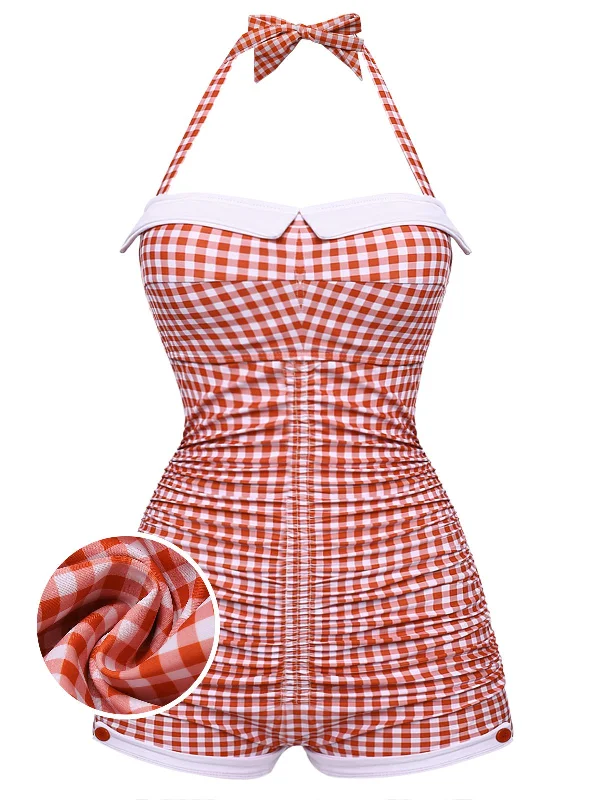 [Plus Size] Gingham 1950s Halter Bowknot One-piece Swimsuit Mesh Panel Swimwear