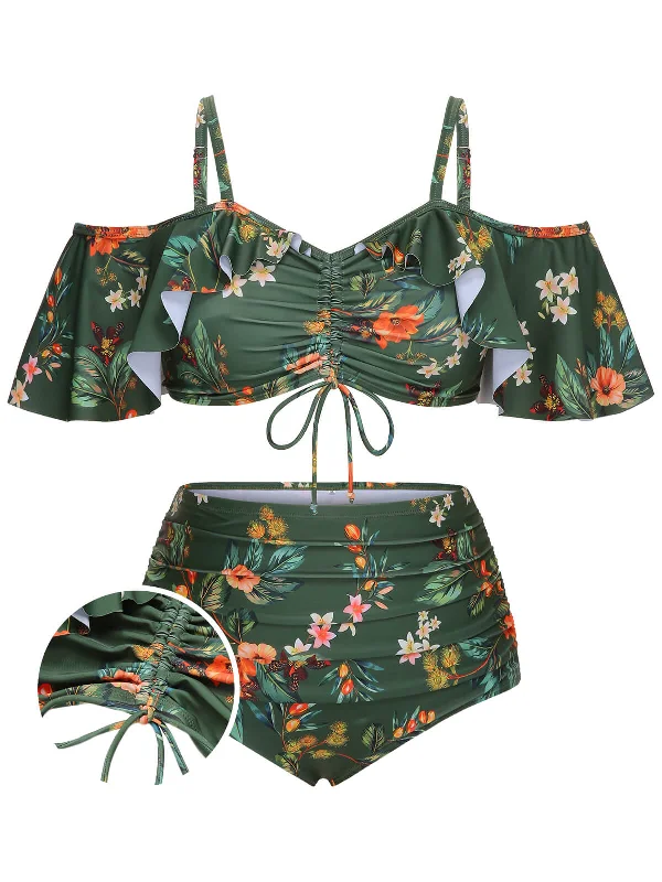 [Plus Size] Green 1950s Floral Drawstring Swimsuit Set Modern High-Waisted Swimsuit