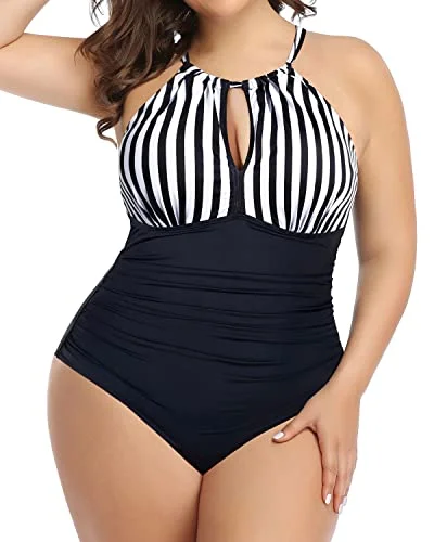 Chic High Neck Plunge Swimsuit Mesh Cutouts For Plus Size Women-Black And White Stripe Comfortable Swim Shorts Chic High Neck Plunge Swimsuit Mesh Cutouts For Plus Size Women-Black And White Stripe Comfortable Swim Shorts
