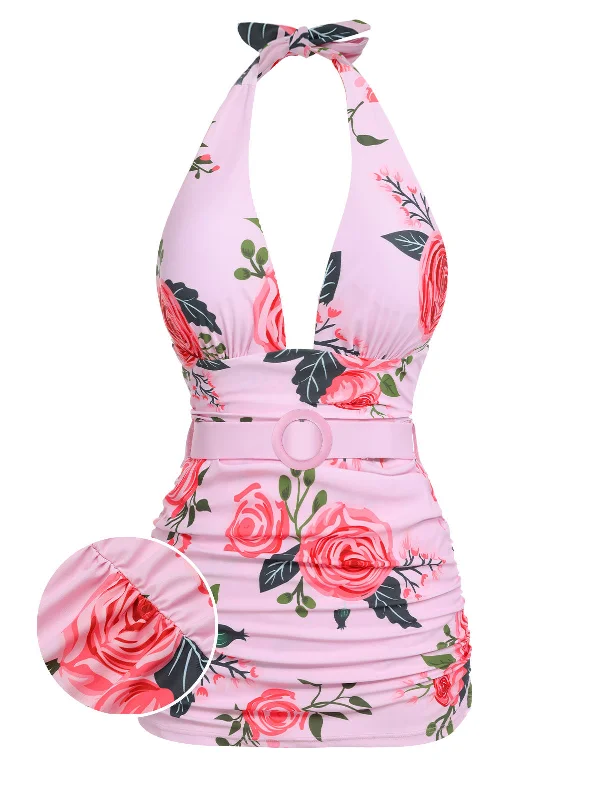 [Plus Size] Pink 1930s Roses Halter Belt Swimsuit Swimsuit with Skirt