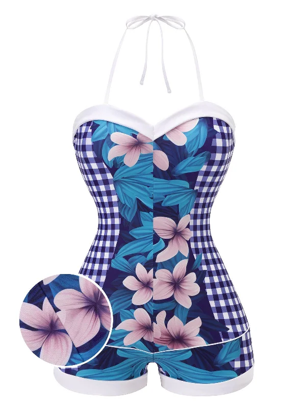 Blue 1950s Plaid&Floral Swimsuit Full Coverage Swimsuit