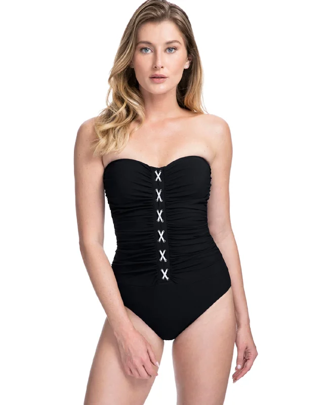 Profile By Gottex Moto Lace Up Shirred Front Bandeau Strapless One Piece Swimsuit Flirty Ruffle Swimsuit Profile By Gottex Moto Lace Up Shirred Front Bandeau Strapless One Piece Swimsuit Flirty Ruffle Swimsuit