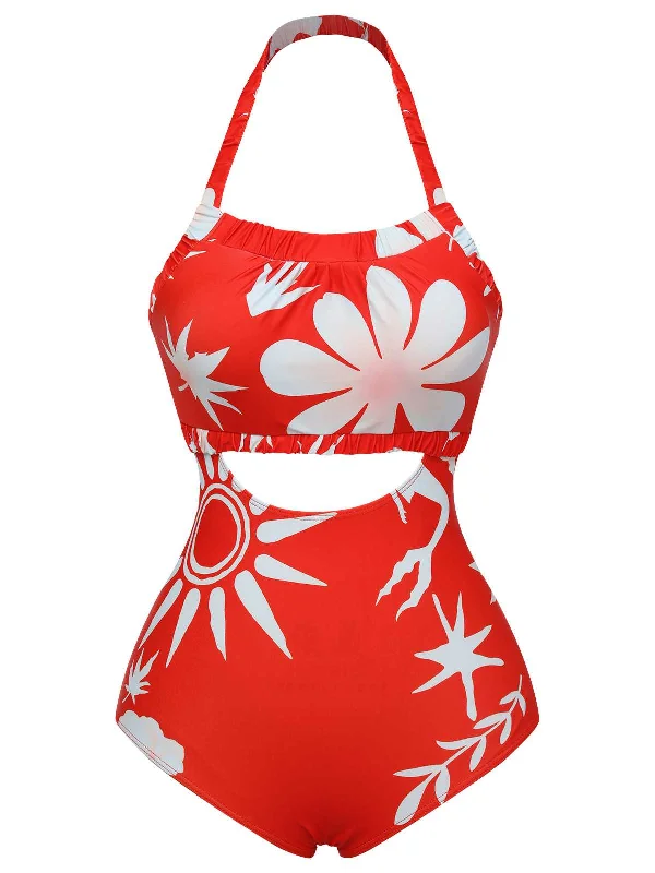 Red 1930s Halter Floral One-Piece Swimsuit Sexy Swimwear Set