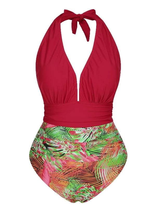 Red 1930s Tropical Plants One-Piece Swimsuit Push-Up Swimsuit Top