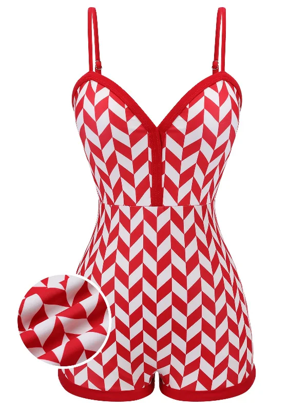 Red 1950s Diamond Plaid Heart Collar Swimsuit Modern High-Waisted Swimsuit