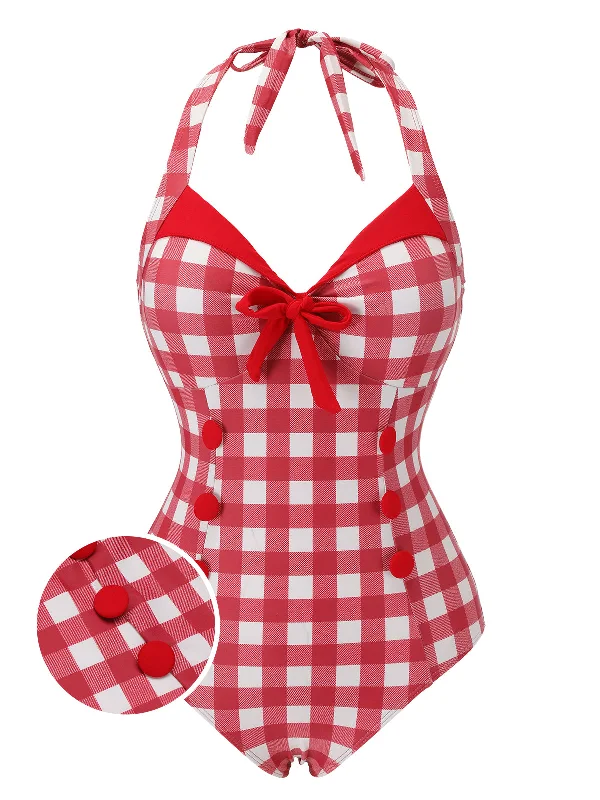 Red 1950s Plaids Added Bowknot Swimsuit Comfortable Tankini Set