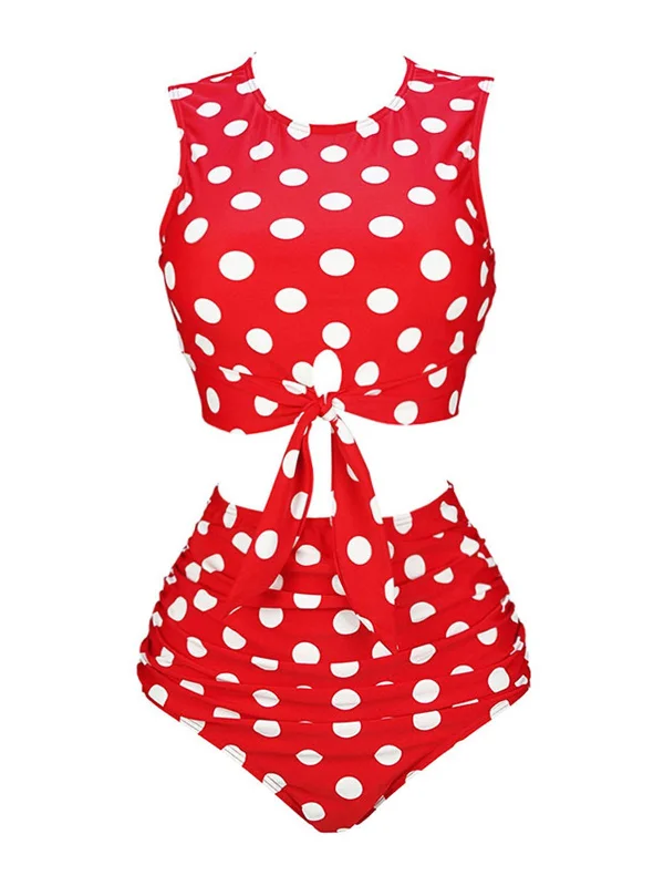 Red 1970s Polka Dots Waist Tie Swimsuit Crisscross Back Swimsuit