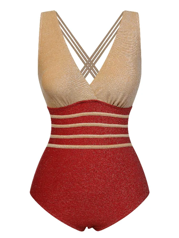 Red 1950s Stripe Patchwork One-Piece Swimsuit Swim Dress with Belt