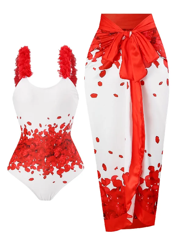 Red 1960s Floral Suspender Swimsuit Set Floral Swimwear Set