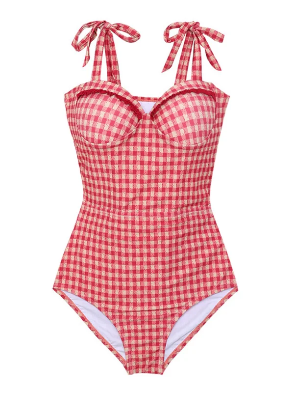 Red 1950s Checked Back Cut-Out Swimsuit Elegant Ruffled Bikini