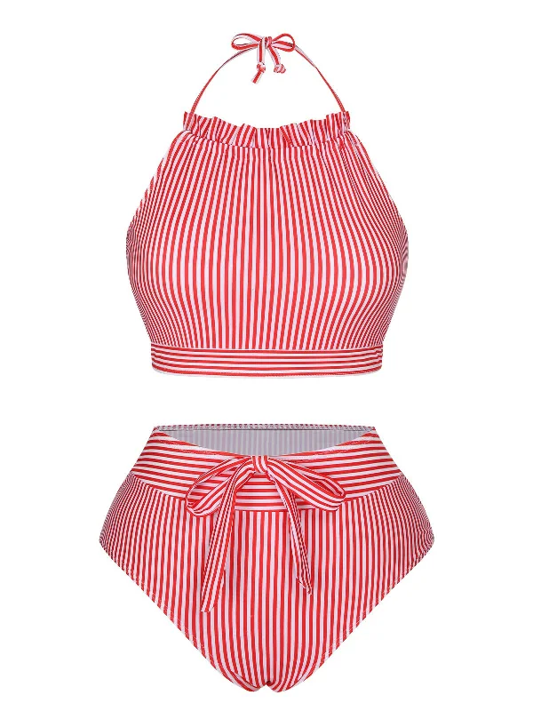 Red & White 1930s Striped Knot Halter Swimsuit Sporty Swim Shorts