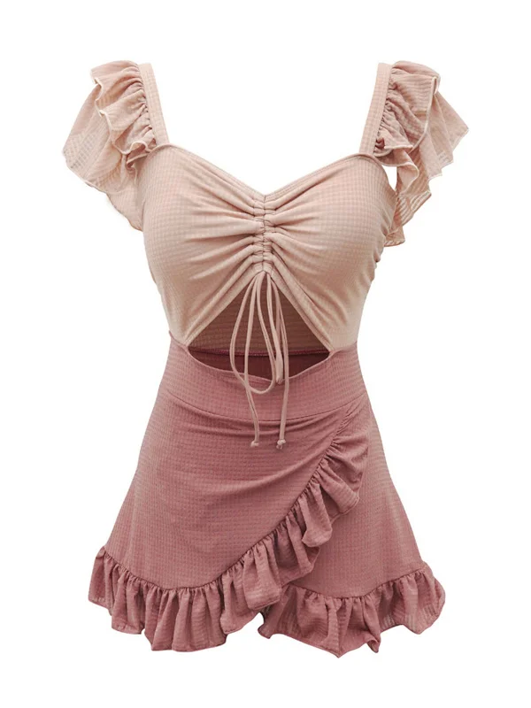 Retro 1940s Ruffled Keyhole Swimsuit High-Waist Bikini Set