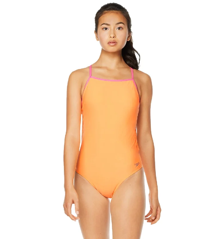 Speedo Vibe Women's The One Back Solid One Piece Swimsuit Orange/Pink Trendy Swimwear Set Speedo Vibe Women's The One Back Solid One Piece Swimsuit Orange/Pink Trendy Swimwear Set