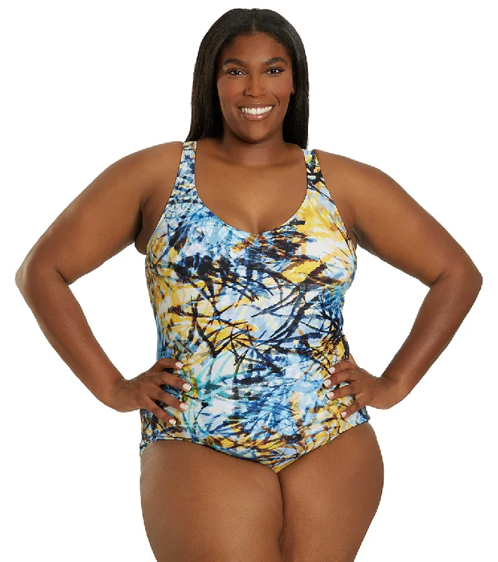 Sporti Plus Size Breezy Palms Conservative Printed Girl Leg One Piece Swimsuit Empire Blue Multi High-Cut One-Piece