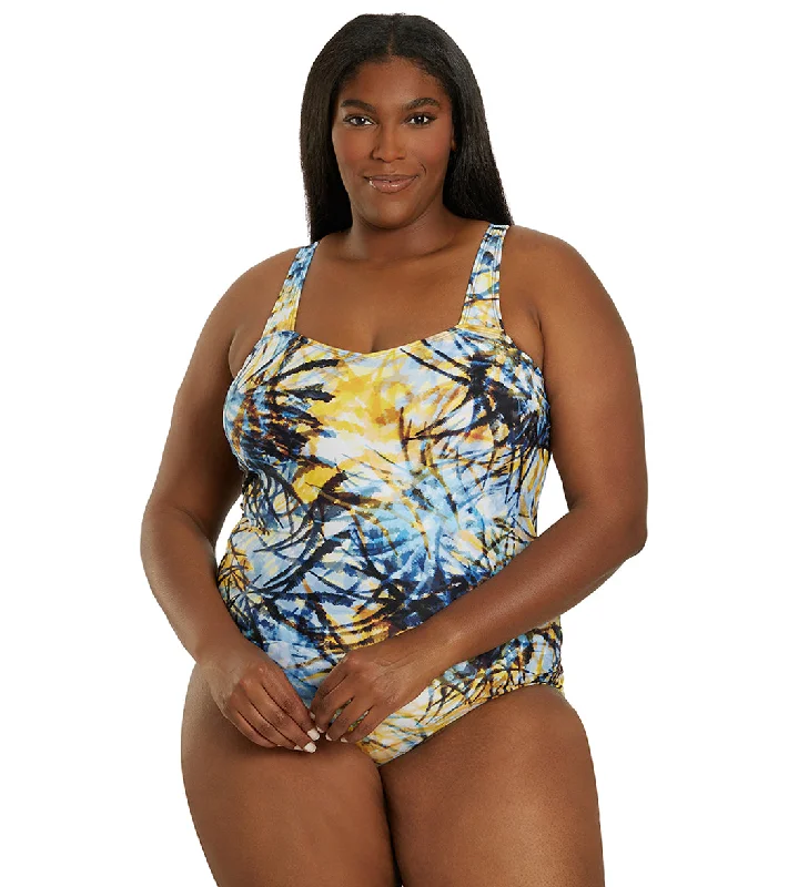 Sporti Plus Size Breezy Palms Moderate Printed Sweetheart One Piece Swimsuit Ruffled Swimsuit Top