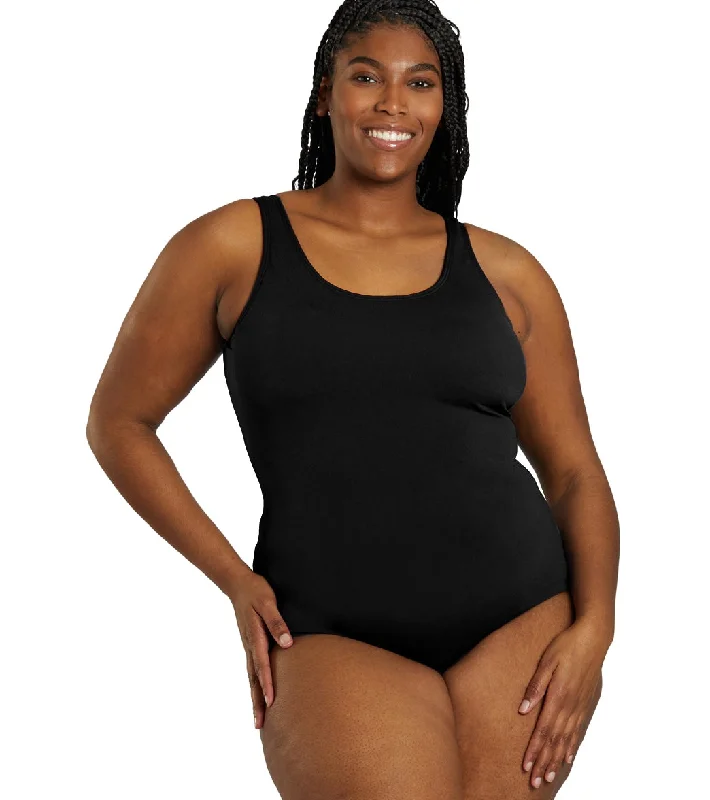 Sporti Plus Size HydroLast Chlorine Resistant Conservative Scoop Back One Piece Swimsuit Black Adjustable Strap Swimsuit