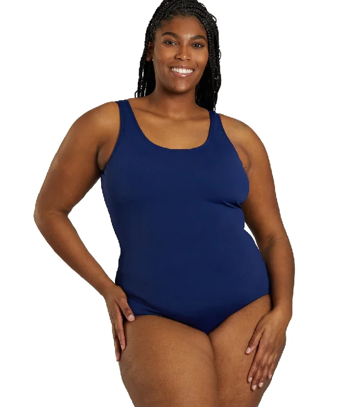 Sporti Plus Size HydroLast Chlorine Resistant Conservative Scoop Back One Piece Swimsuit Navy Retro Swimwear Style