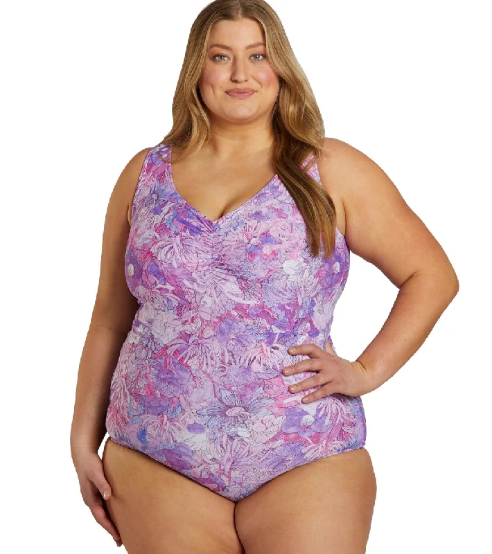 Sporti Plus Size Jungle Floral Conservative Printed Girl Leg One Piece Swimsuit Violet Classic Two-Piece Bikini Sporti Plus Size Jungle Floral Conservative Printed Girl Leg One Piece Swimsuit Violet Classic Two-Piece Bikini