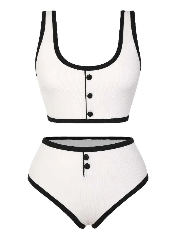 White 1930s Knit Contrast Swimsuit Vibrant Bikini Bottoms