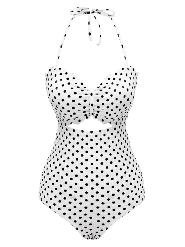 White 1940s Polka Dot Lace Up Halter Swimsuit Elegant Halter Bikini