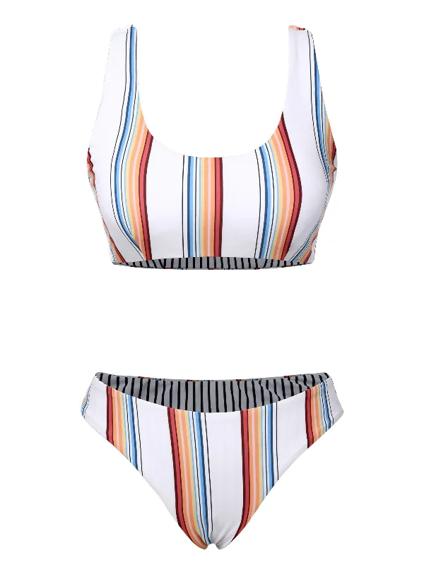 White 1950s Strap Stripes Swimsuit Full Coverage Swimsuit