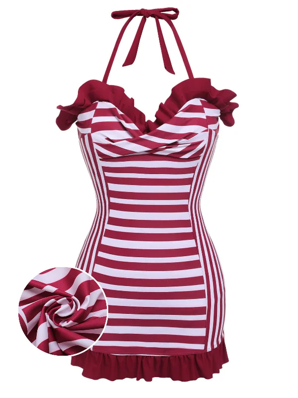 Wine Red 1950s Stripe Heart Collar Swimsuit Summer Ready Swimsuit