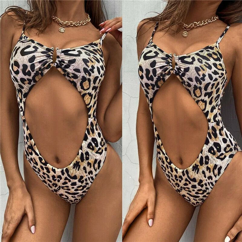 One Piece Sexy Leopard Print Swimsuit Elegant Ruffle Swimsuit