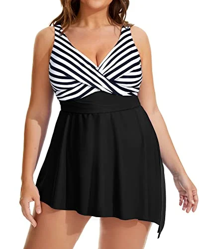 Stylish Asymmetrical Hemline Plus Size Swim Dress For Women-Black And White Stripe Timeless Black Bikini Stylish Asymmetrical Hemline Plus Size Swim Dress For Women-Black And White Stripe Timeless Black Bikini