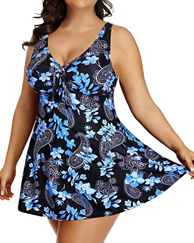 Adjustable Tie-Knot Tankini Swim Dress Boyshorts For Curvy Women-Black Floral Elegant Swim Dress Adjustable Tie-Knot Tankini Swim Dress Boyshorts For Curvy Women-Black Floral Elegant Swim Dress