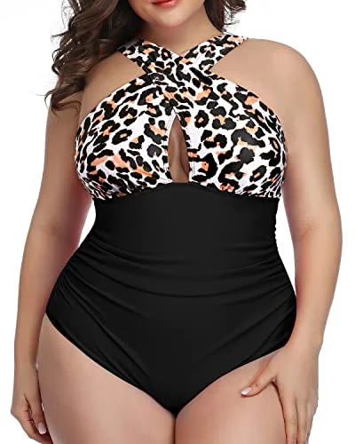 High Waisted Front Cross Swimsuit Slimming Effect-Black And Leopard Trendy Swimwear Set High Waisted Front Cross Swimsuit Slimming Effect-Black And Leopard Trendy Swimwear Set