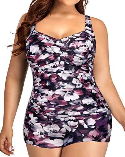 Modest Plus Size Boyshorts Swimsuits Front Twist Tummy Control-Purple Floral Shiny One-Piece Swimsuit Modest Plus Size Boyshorts Swimsuits Front Twist Tummy Control-Purple Floral Shiny One-Piece Swimsuit