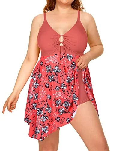 Women Flowy Plus Size Swimdress Boyshorts For Big Bust-Pink Flower Elegant Ruffled Bikini Women Flowy Plus Size Swimdress Boyshorts For Big Bust-Pink Flower Elegant Ruffled Bikini