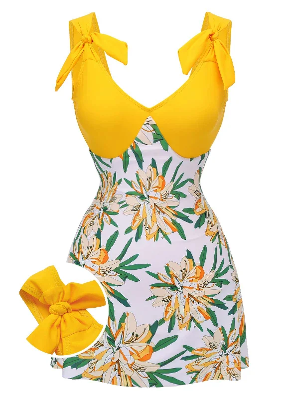 Yellow 1940s Floral Patchwork One-Piece Swimsuit Plunge Neckline Swimsuit