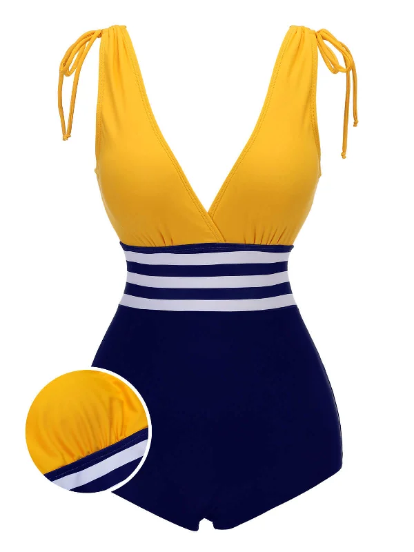 Yellow & Blue 1950s Striped Lace-Up Swimsuit Bold Color Swimsuit