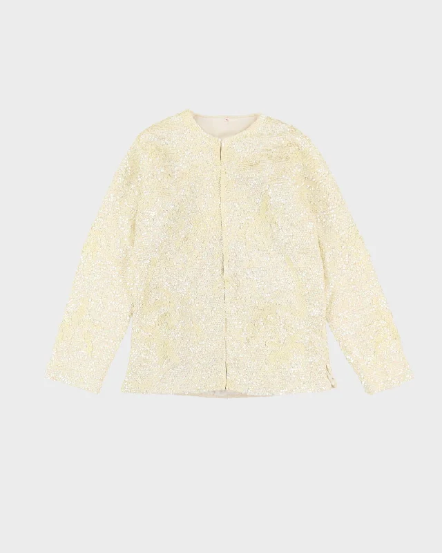 1980s Cream Sequined Cardigan Style Jacket - S Knit Jacket Woven Jacket Fleece Jacket