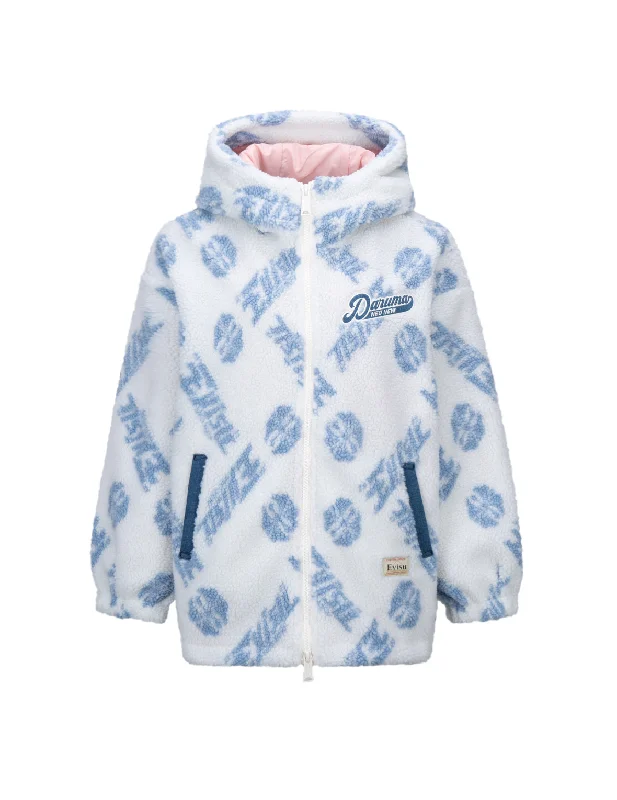 Allover Logo and Kamon Jacquard Sherpa Padded Jacket Zip Front Button Front Snap Front