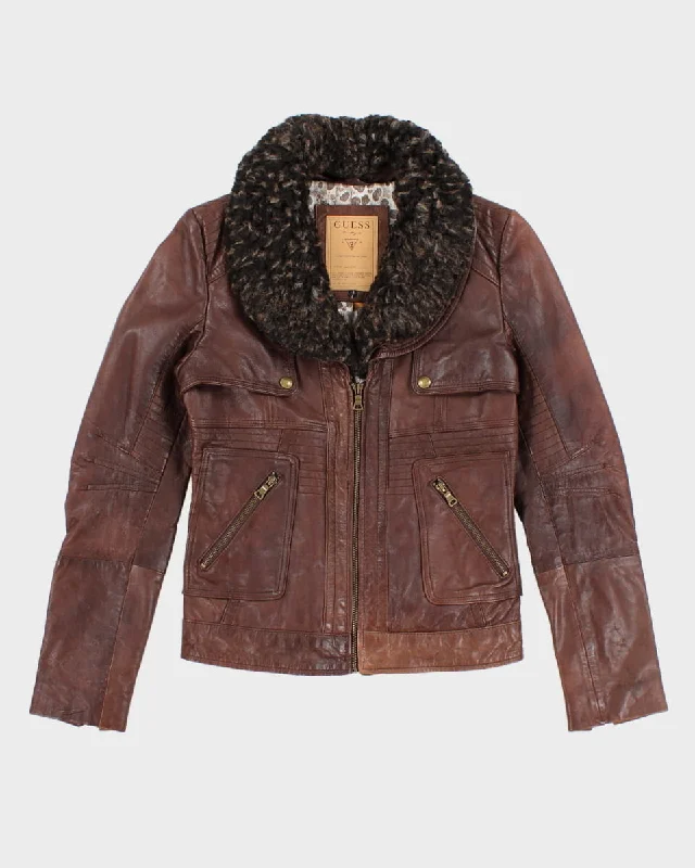 Guess Brown Leather Faux Fur Jacket - XS One-Shoulder Jacket Off-the-Shoulder Jacket Asymmetrical Jacket Guess Brown Leather Faux Fur Jacket - XS One-Shoulder Jacket Off-the-Shoulder Jacket Asymmetrical Jacket
