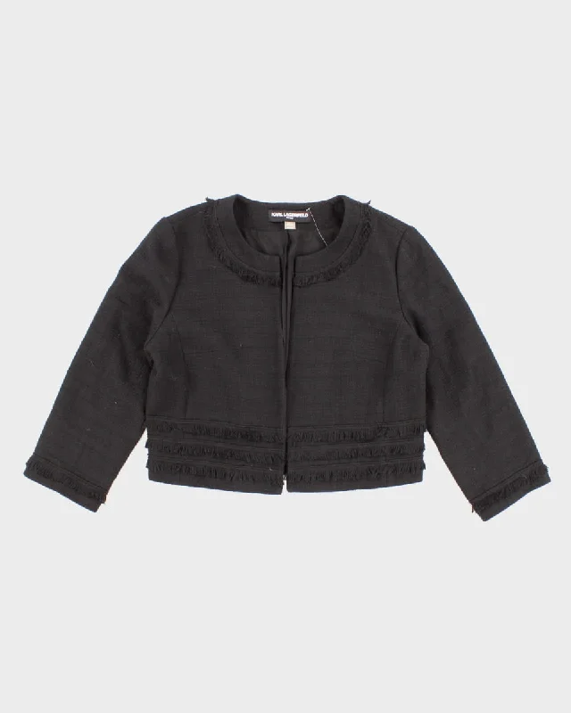 Karl Lagerfeld All Black Buckled Tweed Bouclé Jacket - M/S Front Pockets Side Pockets Patch Pockets Karl Lagerfeld All Black Buckled Tweed Bouclé Jacket - M/S Front Pockets Side Pockets Patch Pockets