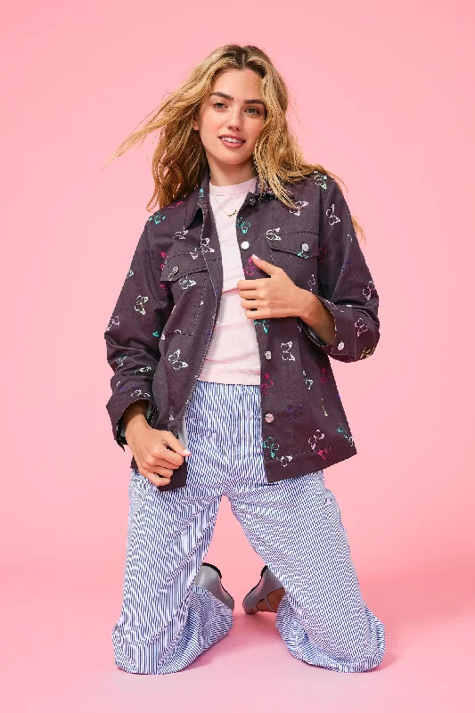 Twill Rhinestone Jacket in Butterflies Collared Jacket Crew Neck Jacket Turtle Neck Jacket Twill Rhinestone Jacket in Butterflies Collared Jacket Crew Neck Jacket Turtle Neck Jacket