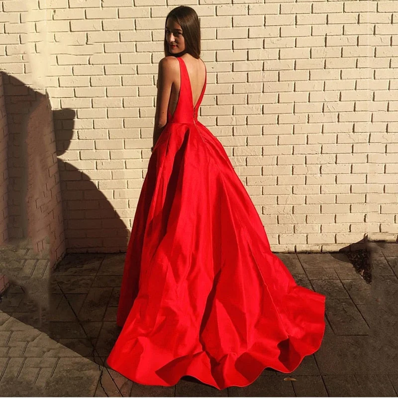 FashionSierra - CloverBridal In Stock Cheap Deep V Neckline Red Prom Dress