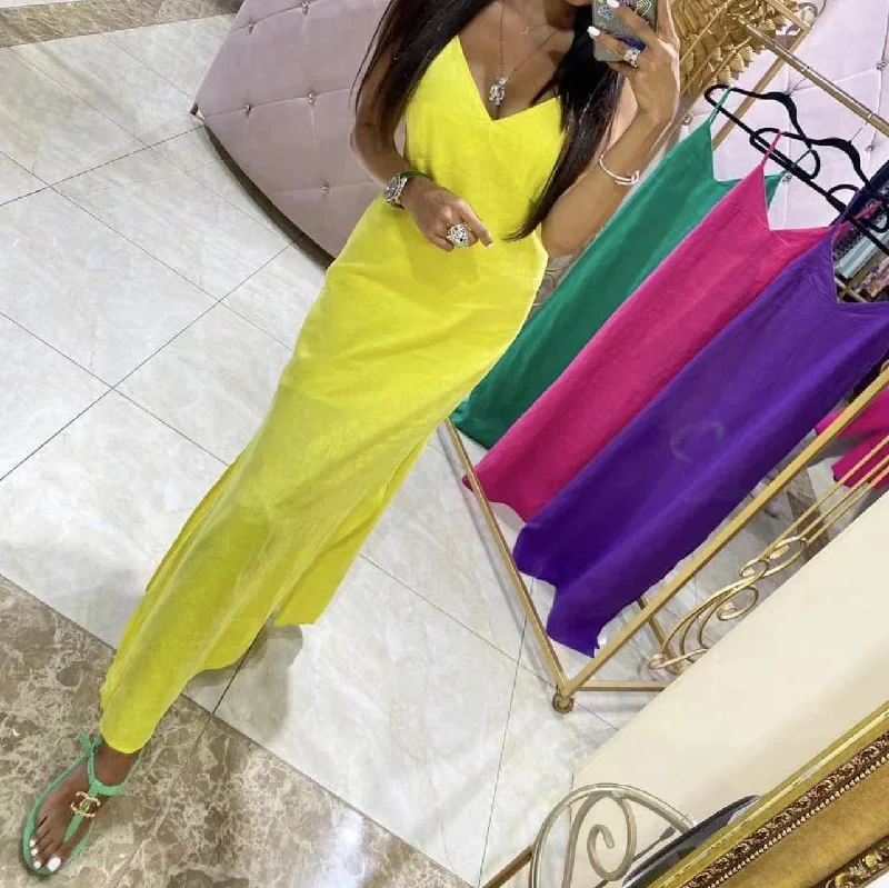 2022 Spring New Style Ropa De Dama 100% Linen Solid Color Sling Ladies Casual Dress